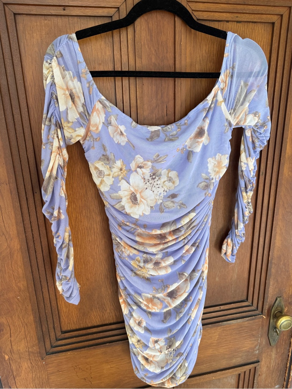 Lilac Floral Ruched Midi Dress with Long Sleeves